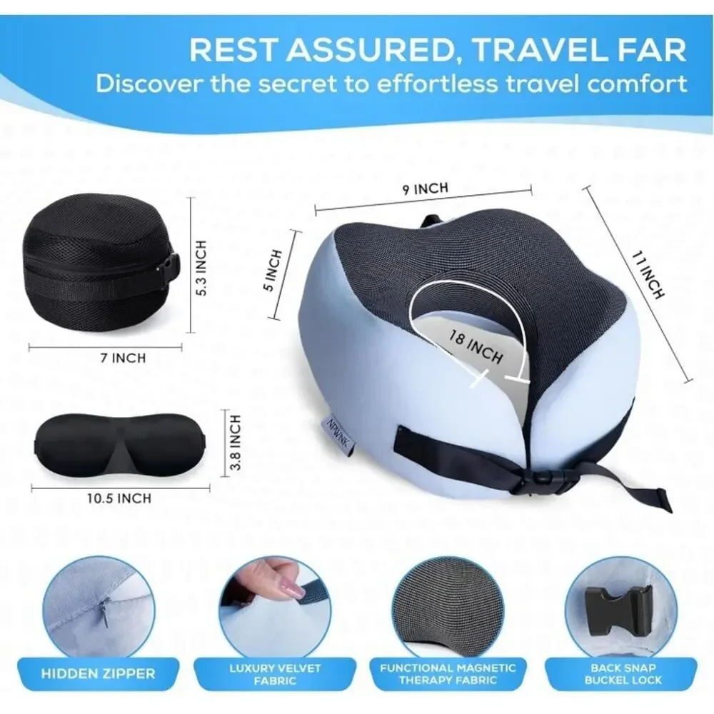 NPWNK Memory Foam Travel Neck Pillow w/ Eye Mask & Case – Grey/Blue